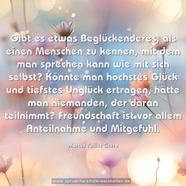Gibt es etwas Beglückenderes, als einen Menschen zu kennen,
mit dem man sprechen kann wie mit sich selbst?
Könnte man höchstes Glück und tiefstes Unglück ertragen,
hätte man niemanden, der daran teilnimmt?
Freundschaft ist vor allem Anteilnahme und Mitgefühl.
