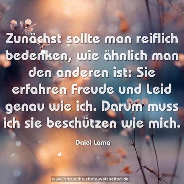 Zunächst sollte man reiflich bedenken,
wie ähnlich man den anderen ist:
Sie erfahren Freude und Leid genau wie ich.
Darum muss ich sie beschützen wie mich.