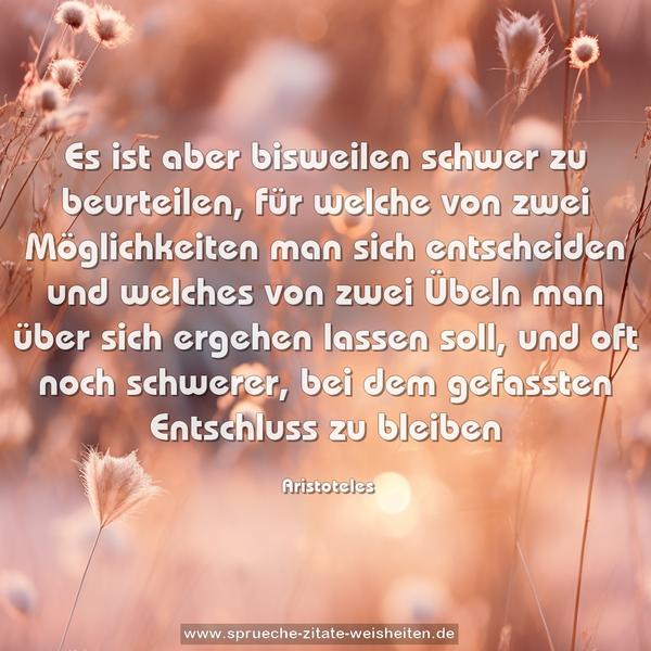 Es ist aber bisweilen schwer zu beurteilen,
für welche von zwei Möglichkeiten man sich entscheiden und welches von zwei Übeln man über sich ergehen lassen soll,
und oft noch schwerer, bei dem gefassten Entschluss zu bleiben