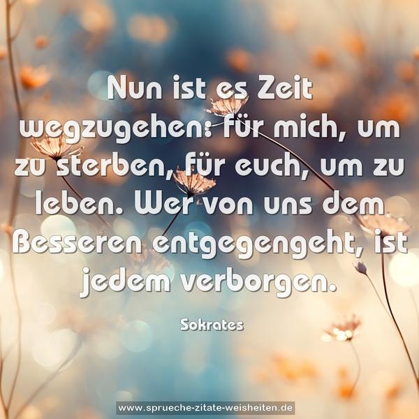 Nun ist es Zeit wegzugehen:
für mich, um zu sterben, für euch, um zu leben.
Wer von uns dem Besseren entgegengeht, ist jedem verborgen.