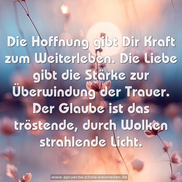 Die Hoffnung gibt Dir Kraft zum Weiterleben.
Die Liebe gibt die Stärke zur Überwindung der Trauer.
Der Glaube ist das tröstende,
durch Wolken strahlende Licht.