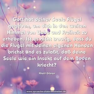 Gott hat deiner Seele Flügel gegeben, um dich in den weiten Himmel von Liebe und Freiheit zu erheben. Ist es nicht traurig, dass du die Flügel mit deinen eigenen Händen brichst und es zuläßt, daß deine Seele wie ein Insekt auf dem Boden kriecht?