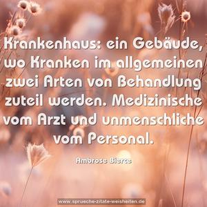 Krankenhaus: ein Gebäude, wo Kranken im allgemeinen zwei Arten von Behandlung zuteil werden. Medizinische vom Arzt und unmenschliche vom Personal.