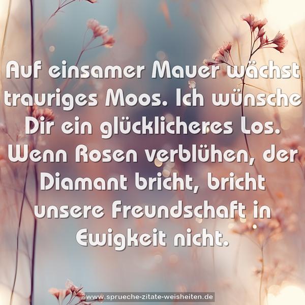 Auf einsamer Mauer wächst trauriges Moos.
Ich wünsche Dir ein glücklicheres Los.
Wenn Rosen verblühen, der Diamant bricht,
bricht unsere Freundschaft in Ewigkeit nicht.