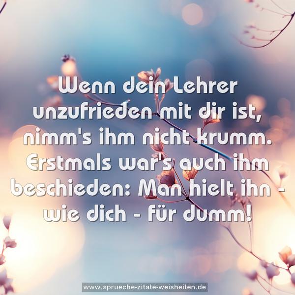 Wenn dein Lehrer unzufrieden mit dir ist,
nimm's ihm nicht krumm.
Erstmals war's auch ihm beschieden:
Man hielt ihn - wie dich - für dumm!