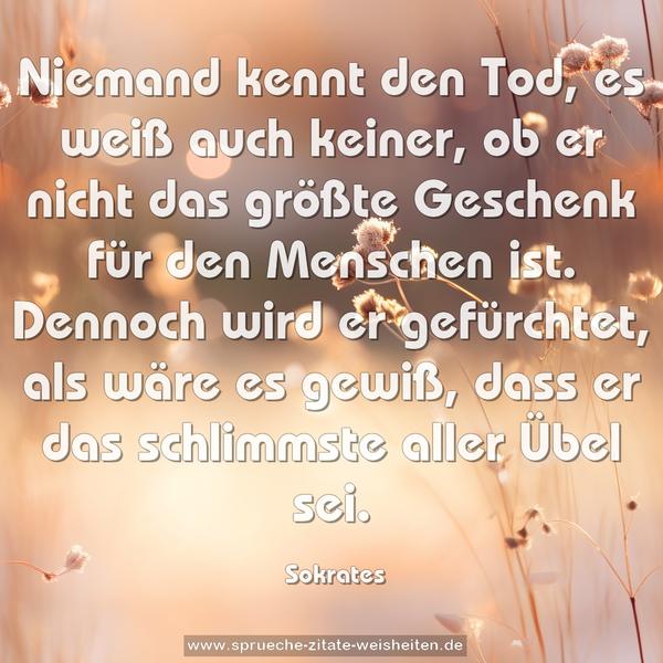 Niemand kennt den Tod, es weiß auch keiner,
ob er nicht das größte Geschenk für den Menschen ist.
Dennoch wird er gefürchtet, als wäre es gewiß,
dass er das schlimmste aller Übel sei.