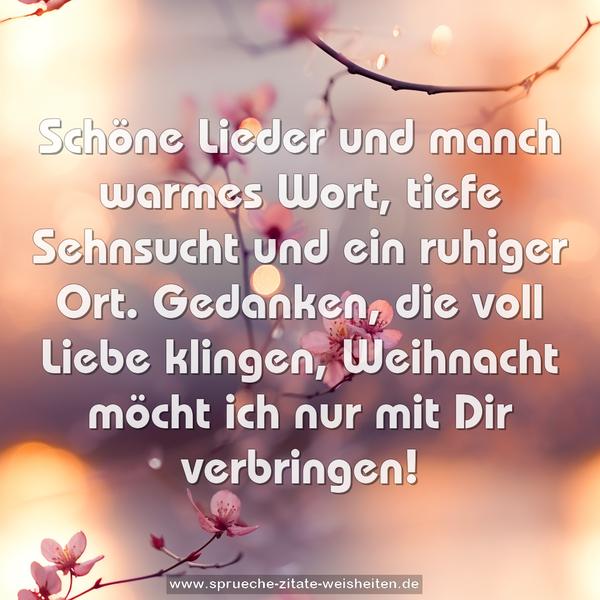 Schöne Lieder und manch warmes Wort,
tiefe Sehnsucht und ein ruhiger Ort.
Gedanken, die voll Liebe klingen,
Weihnacht möcht ich nur mit Dir verbringen! 