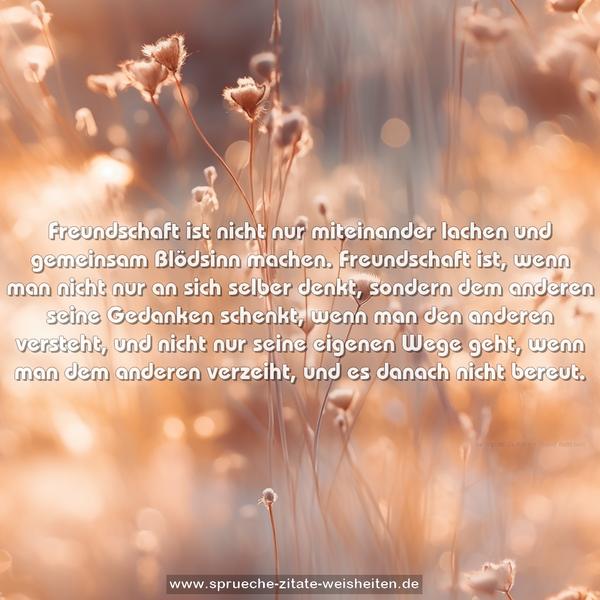Freundschaft ist nicht nur miteinander lachen
und gemeinsam Blödsinn machen.
Freundschaft ist, wenn man nicht nur an sich selber denkt,
sondern dem anderen seine Gedanken schenkt,
wenn man den anderen versteht, und nicht nur seine eigenen Wege geht,
wenn man dem anderen verzeiht, und es danach nicht bereut.
