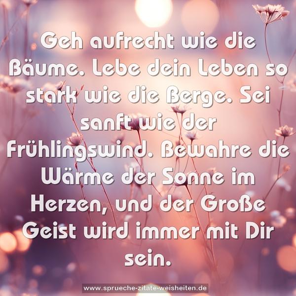 Geh aufrecht wie die Bäume.
Lebe dein Leben so stark wie die Berge.
Sei sanft wie der Frühlingswind.
Bewahre die Wärme der Sonne im Herzen,
und der Große Geist wird immer mit Dir sein.
