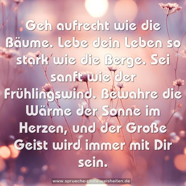 Geh aufrecht wie die Bäume.
Lebe dein Leben so stark wie die Berge.
Sei sanft wie der Frühlingswind.
Bewahre die Wärme der Sonne im Herzen,
und der Große Geist wird immer mit Dir sein.
