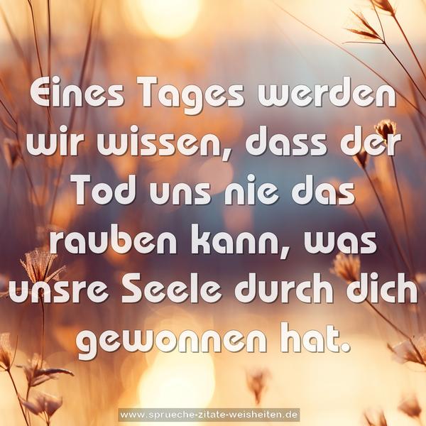 Eines Tages werden wir wissen,
dass der Tod uns nie das rauben kann,
was unsre Seele durch dich gewonnen hat.