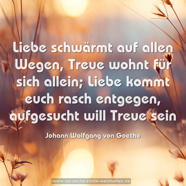 Liebe schwärmt auf allen Wegen,
Treue wohnt für sich allein;
Liebe kommt euch rasch entgegen,
aufgesucht will Treue sein