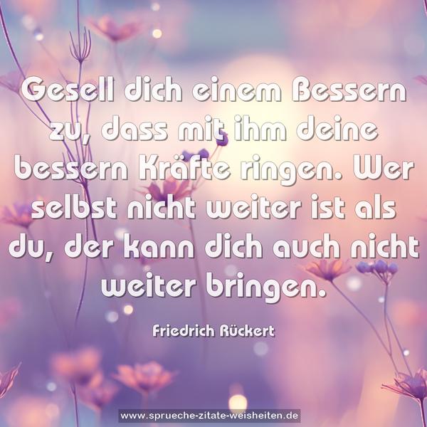 Gesell dich einem Bessern zu,
dass mit ihm deine bessern Kräfte ringen.
Wer selbst nicht weiter ist als du,
der kann dich auch nicht weiter bringen.