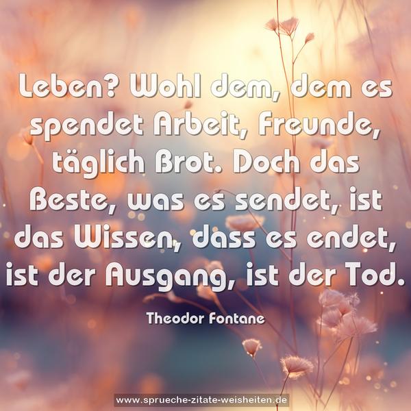 Leben? Wohl dem, dem es spendet
Arbeit, Freunde, täglich Brot.
Doch das Beste, was es sendet,
ist das Wissen, dass es endet,
ist der Ausgang, ist der Tod.