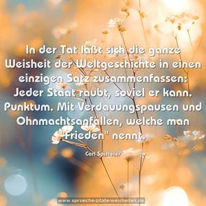 In der Tat läßt sich die ganze Weisheit der Weltgeschichte in einen einzigen Satz zusammenfassen:
Jeder Staat raubt, soviel er kann. Punktum.
Mit Verdauungspausen und Ohnmachtsanfällen,
welche man "Frieden" nennt.