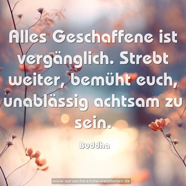 Alles Geschaffene ist vergänglich.
Strebt weiter, bemüht euch, unablässig achtsam zu sein.