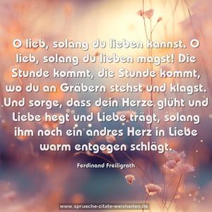 O lieb, solang du lieben kannst.
O lieb, solang du lieben magst!
Die Stunde kommt, die Stunde kommt,
wo du an Gräbern stehst und klagst.
Und sorge, dass dein Herze glüht
und Liebe hegt und Liebe trägt,
solang ihm noch ein andres Herz
in Liebe warm entgegen schlägt.