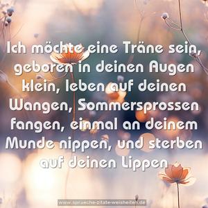 Ich möchte eine Träne sein,
geboren in deinen Augen klein,
leben auf deinen Wangen,
Sommersprossen fangen,
einmal an deinem Munde nippen,
und sterben auf deinen Lippen