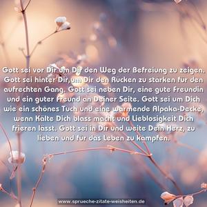 Gott sei vor Dir um Dir den Weg der Befreiung zu zeigen.
Gott sei hinter Dir,um Dir den Rücken zu stärken
für den aufrechten Gang.
Gott sei neben Dir, eine gute Freundin und ein guter Freund
an Deiner Seite.
Gott sei um Dich wie ein schönes Tuch und eine wärmende Alpaka-Decke, wenn Kälte Dich blass macht und Lieblosigkeit Dich frieren lässt.
Gott sei in Dir und weite Dein Herz, zu lieben
und für das Leben zu kämpfen.
