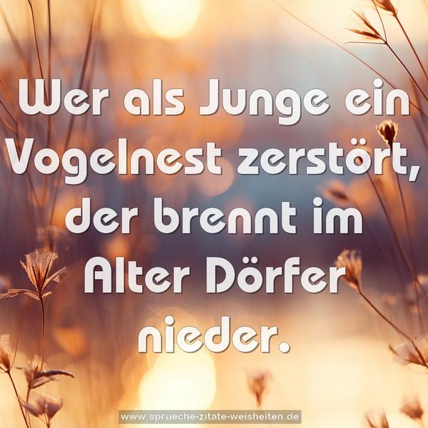 Wer als Junge ein Vogelnest zerstört,
der brennt im Alter Dörfer nieder.