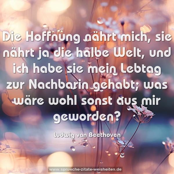 Die Hoffnung nährt mich, sie nährt ja die halbe Welt,
und ich habe sie mein Lebtag zur Nachbarin gehabt;
was wäre wohl sonst aus mir geworden?