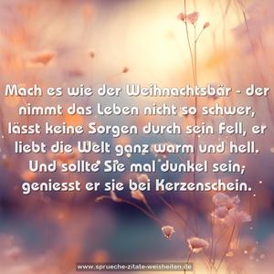 Mach es wie der Weihnachtsbär -
der nimmt das Leben nicht so schwer,
lässt keine Sorgen durch sein Fell,
er liebt die Welt ganz warm und hell.
Und sollte Sie mal dunkel sein,
geniesst er sie bei Kerzenschein.