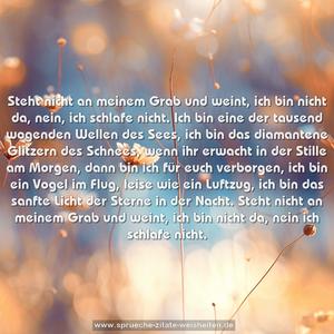 Steht nicht an meinem Grab und weint,
ich bin nicht da,
nein, ich schlafe nicht.
Ich bin eine der tausend wogenden Wellen des Sees,
ich bin das diamantene Glitzern des Schnees,
wenn ihr erwacht in der Stille am Morgen,
dann bin ich für euch verborgen,
ich bin ein Vogel im Flug,
leise wie ein Luftzug,
ich bin das sanfte Licht der Sterne in der Nacht.
Steht nicht an meinem Grab und weint,
ich bin nicht da,
nein ich schlafe nicht.