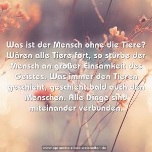 Was ist der Mensch ohne die Tiere?
Wären alle Tiere fort,
so stürbe der Mensch an großer Einsamkeit des Geistes.
Was immer den Tieren geschieht,
geschieht bald auch den Menschen.
Alle Dinge sind miteinander verbunden.