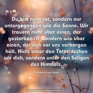 Du bist nicht tot,
sondern nur untergegangen wie die Sonne.
Wir trauern nicht über einen,
der gestorben ist,
sondern wie über einen,
der sich vor uns verborgen hält.
Nicht unter den Toten suchen wir dich,
sondern unter den Seligen des Himmels.