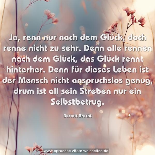  Ja, renn nur nach dem Glück, doch renne nicht zu sehr. Denn alle rennen nach dem Glück, das Glück rennt hinterher. Denn für dieses Leben ist der Mensch nicht anspruchslos genug, drum ist all sein Streben nur ein Selbstbetrug.