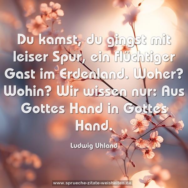 Du kamst, du gingst mit leiser Spur,
ein flüchtiger Gast im Erdenland.
Woher? Wohin? Wir wissen nur:
Aus Gottes Hand in Gottes Hand.