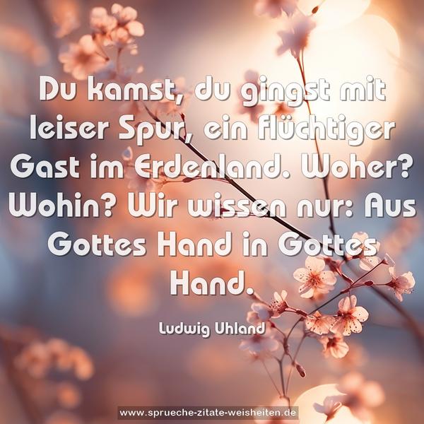 Du kamst, du gingst mit leiser Spur,
ein flüchtiger Gast im Erdenland.
Woher? Wohin? Wir wissen nur:
Aus Gottes Hand in Gottes Hand. 