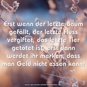 Erst wenn der letzte Baum gefällt,
der letzte Fluss vergiftet,
das letzte Tier getötet ist,
erst dann werdet ihr merken, dass man Geld nicht essen kann!