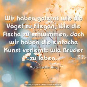 Wir haben gelernt wie die Vögel zu fliegen,
wie die Fische zu schwimmen,
doch wir haben die einfache Kunst verlernt:
wie Brüder zu leben.
