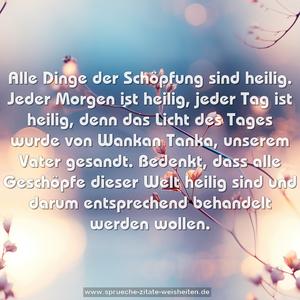 Alle Dinge der Schöpfung sind heilig.
Jeder Morgen ist heilig, jeder Tag ist heilig, denn das Licht des Tages wurde von Wankan Tanka, unserem Vater gesandt. Bedenkt, dass alle Geschöpfe dieser Welt heilig sind und darum entsprechend behandelt werden wollen.
