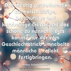 Das niedrig gewachsene, schmalschultrige, breithüftige und kurzbeinige Geschlecht das schöne zu nennen -
dies konnte nur der vom Geschlechtstrieb umnebelte männliche Intellekt fertigbringen. 