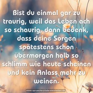 Bist du einmal gar zu traurig,
weil das Leben ach so schaurig,
dann bedenk, dass deine Sorgen spätestens schon übermorgen
halb so schlimm wie heute scheinen
und kein Anlass mehr zu weinen.