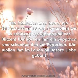 Ein Schwesterchen hurra, ein Schwesterchen ist da!
Nun wollen wir es schützen vor Dieben und vor Blitzen!
Wir kochen ihm ein Süppchen und schenken ihm ein Püppchen.
Wir wollen ihm im Leben all unsere Liebe geben!