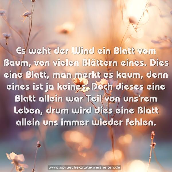 Es weht der Wind ein Blatt vom Baum,
von vielen Blättern eines.
Dies eine Blatt, man merkt es kaum,
denn eines ist ja keines.
Doch dieses eine Blatt allein
war Teil von uns'rem Leben,
drum wird dies eine Blatt allein
uns immer wieder fehlen.