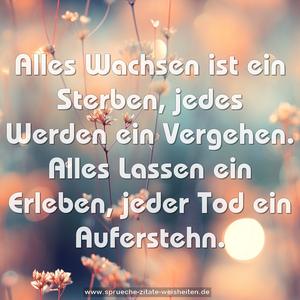 Alles Wachsen ist ein Sterben,
jedes Werden ein Vergehen.
Alles Lassen ein Erleben,
jeder Tod ein Auferstehn.