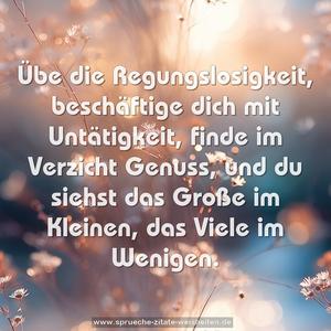 Übe die Regungslosigkeit, beschäftige dich mit Untätigkeit, finde im Verzicht Genuss, und du siehst das Große im Kleinen, das Viele im Wenigen.