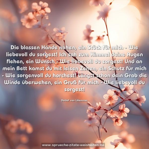 Die blassen Hände nähen, ein Stück für mich -
Wie liebevoll du sorgest!
Ich sah zum Himmel deine Augen flehen, ein Wunsch -
Wie liebevoll du sorgest!
Und an mein Bett kamst du mit leisen Zehen, ein Schutz für mich -
Wie sorgenvoll du horchest!
Längst schon dein Grab die Winde überwehen, ein Gruß für mich -
Wie liebevoll du sorgest!