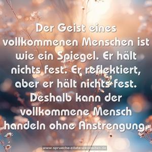 Der Geist eines vollkommenen Menschen ist wie ein Spiegel.
Er hält nichts fest.
Er reflektiert, aber er hält nichts fest.
Deshalb kann der vollkommene Mensch handeln ohne Anstrengung.