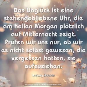 Das Unglück ist eine stehengebliebene Uhr,
die am hellen Morgen plötzlich auf Mitternacht zeigt.
Prüfen wir uns nur, ob wir es nicht selbst gewesen,
die vergessen hatten, sie aufzuziehen.