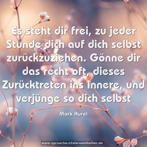 Es steht dir frei,
zu jeder Stunde dich auf dich selbst zurückzuziehen.
Gönne dir das recht oft,
dieses Zurücktreten ins Innere,
und verjünge so dich selbst