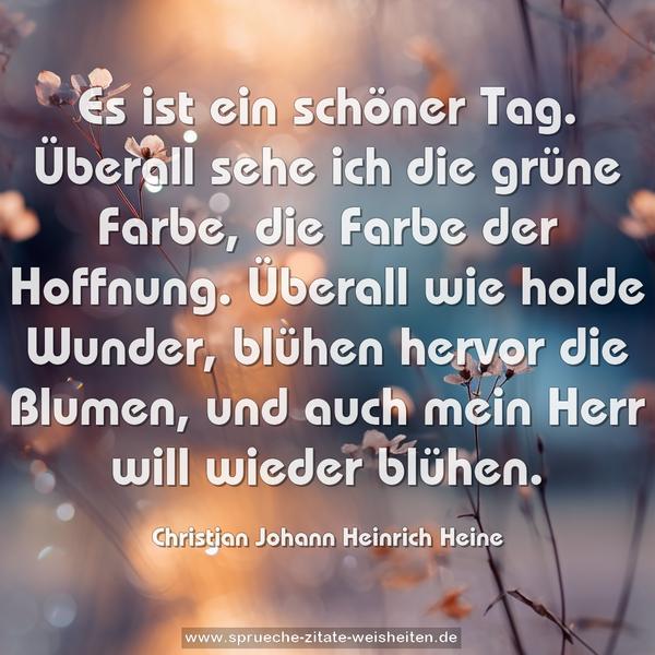 Es ist ein schöner Tag.
Überall sehe ich die grüne Farbe, die Farbe der Hoffnung.
Überall wie holde Wunder, blühen hervor die Blumen,
und auch mein Herr will wieder blühen.